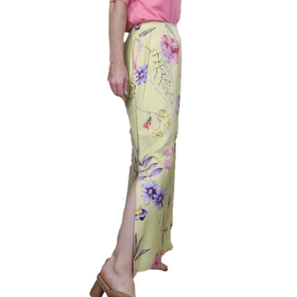 Maxi skirt 100% Silk floral print Yellow & Pink colors DONNA MORGAN - Picture 2 of 13